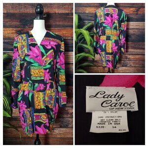 Lady Carol Of New York Vintage Top Tunic Dress Matching Belt Floral Rayon 16